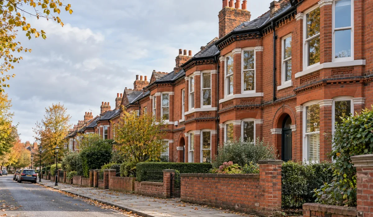 Illustrative view of red-brick terraced houses in autumn